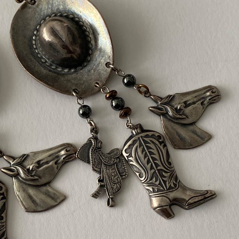 Vintage Statement Western Charm Dangling Hook Earrings Tarnished Silver Tone - Picture 4 of 7
